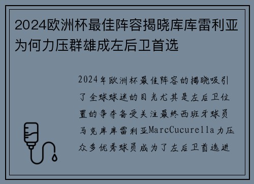 2024欧洲杯最佳阵容揭晓库库雷利亚为何力压群雄成左后卫首选 2024欧洲杯最佳阵容揭晓库库雷利亚为何力压群雄成左后卫首选