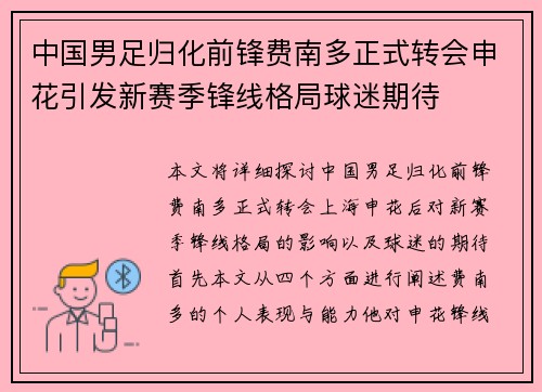 中国男足归化前锋费南多正式转会申花引发新赛季锋线格局球迷期待